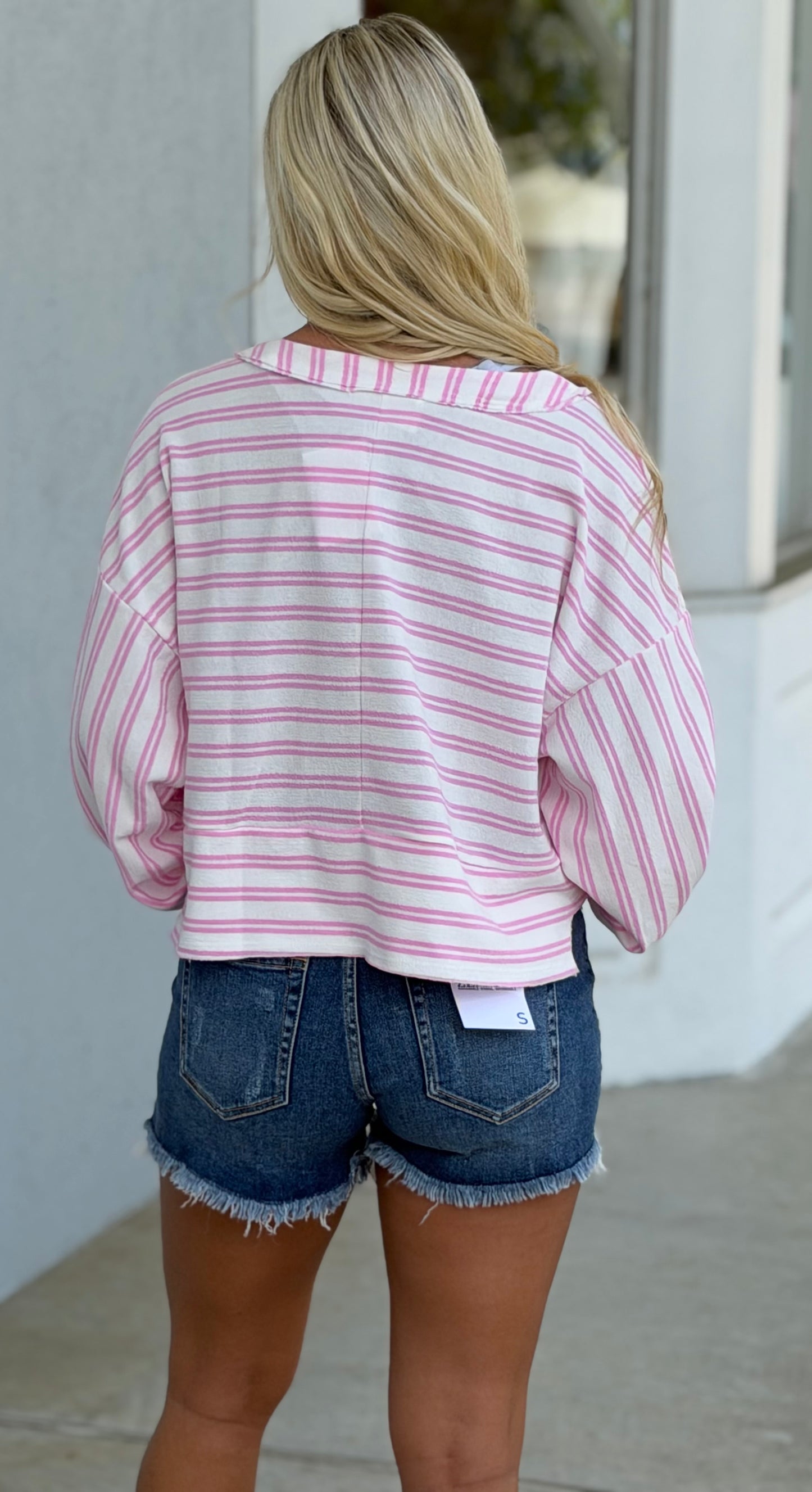 Pink Lantern Sleeve Raw Edge Stripe Top