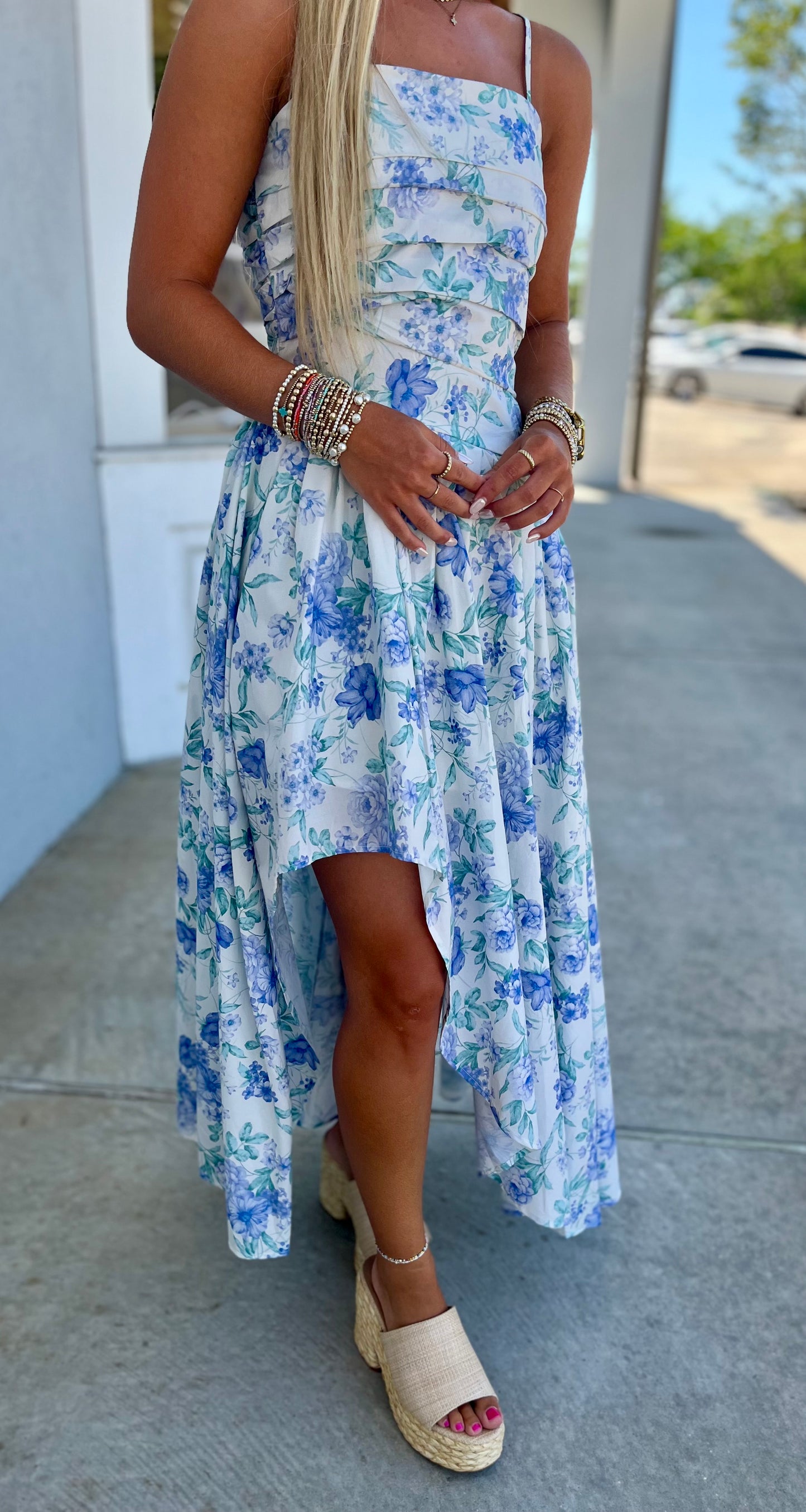 Floral Printed Poplin Pleat Diagonal Dress