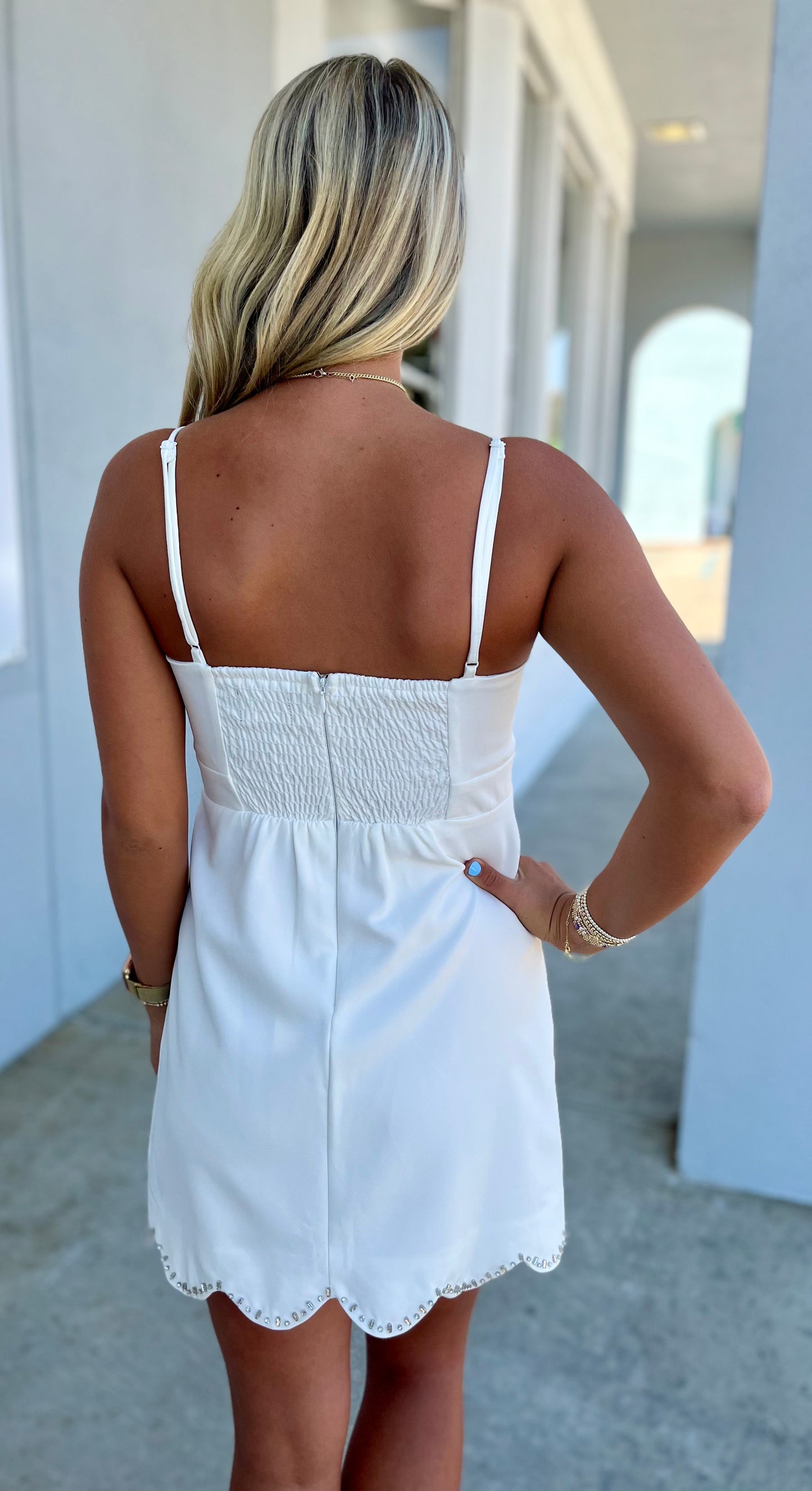 Rhinestone Scallop Edge Dress, White