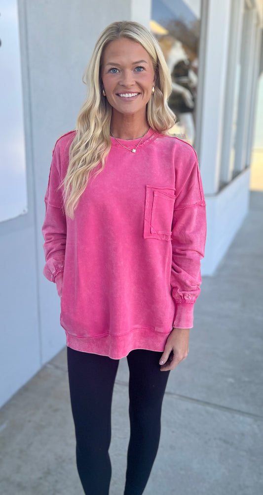 French Terry Acid Wash Front Pocket Pullover, Fuchsia