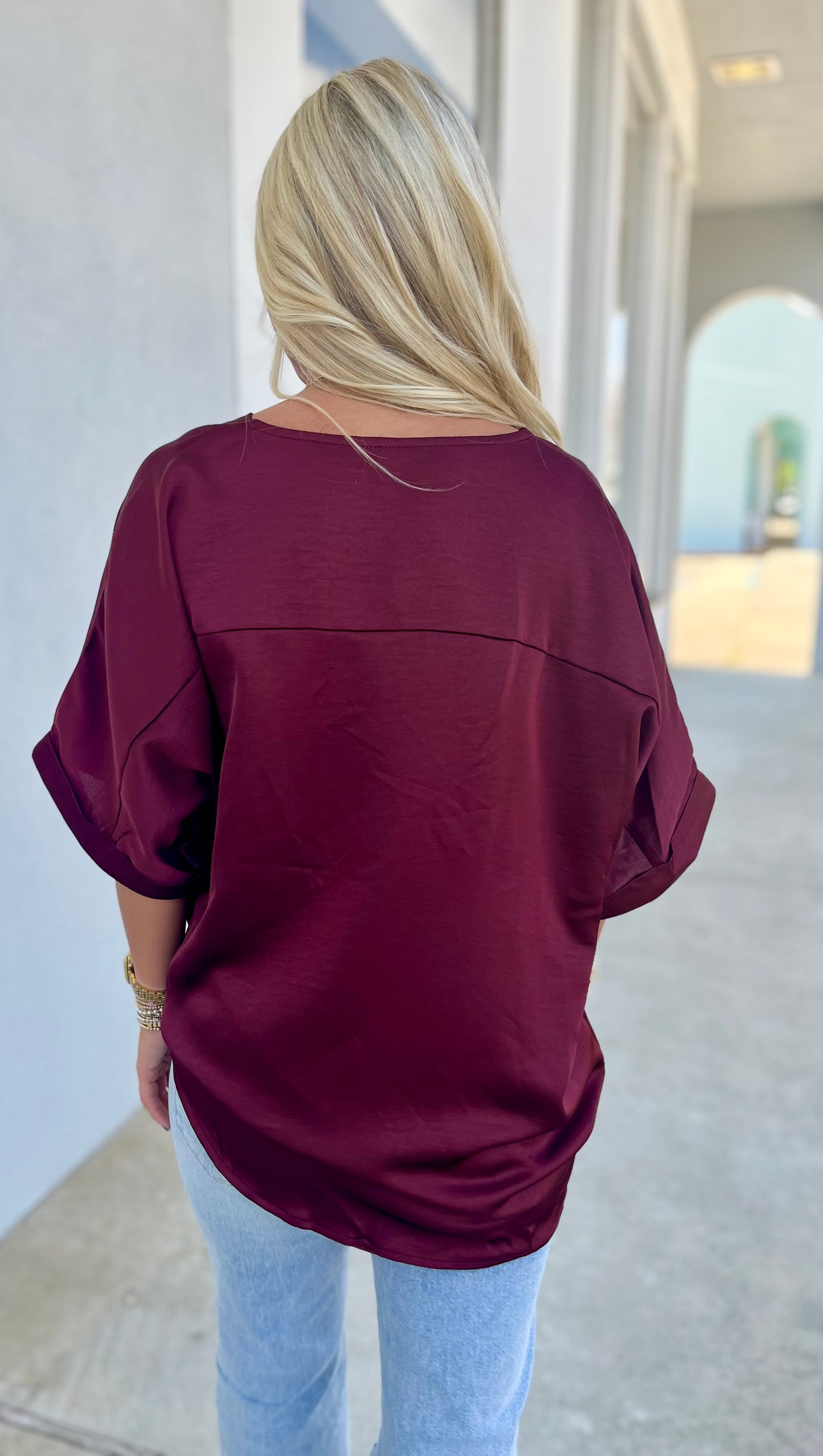 Burgundy V Neck High Low Blouse
