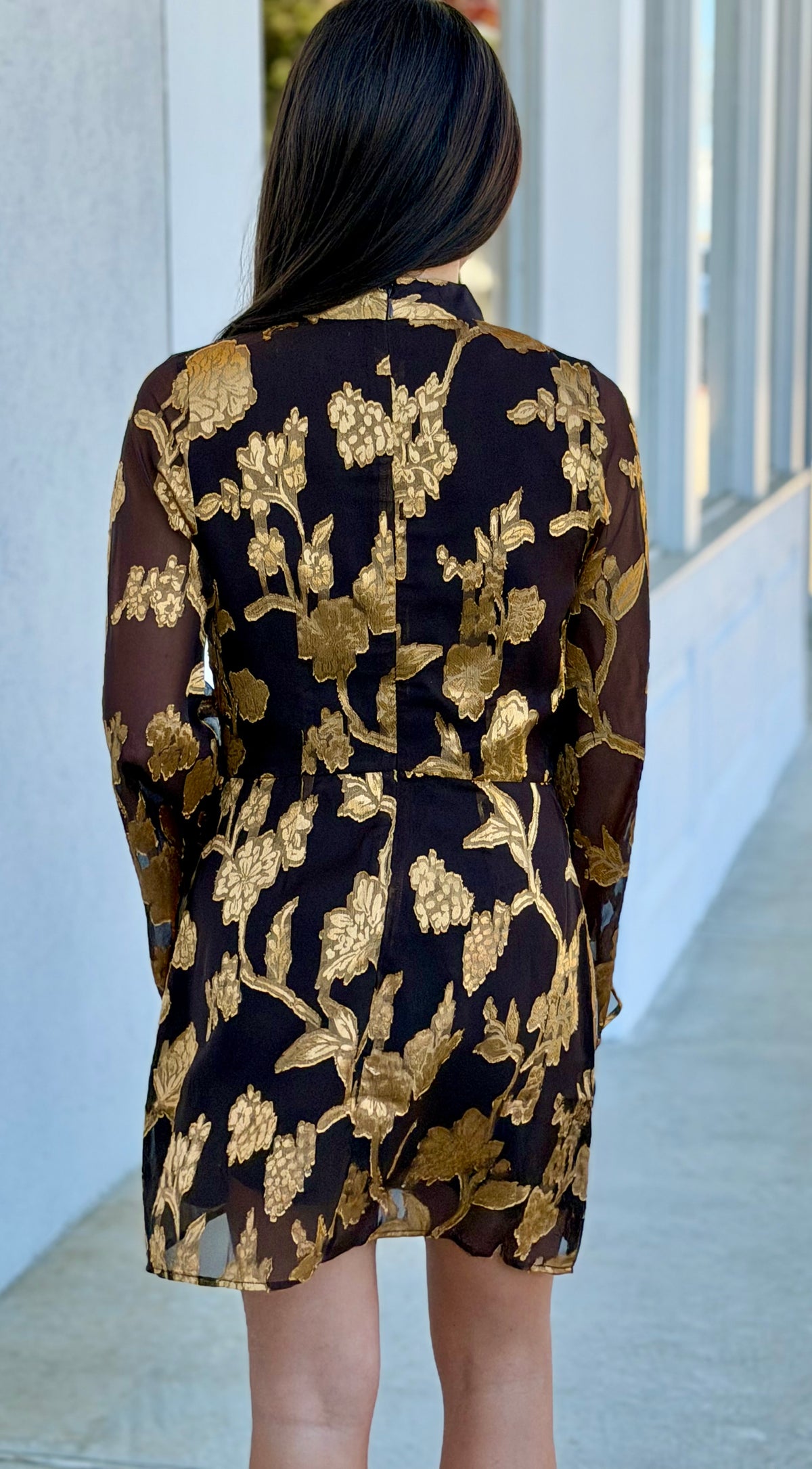 Brown/Gold Floral Mock Neck Long Sleeve Dress