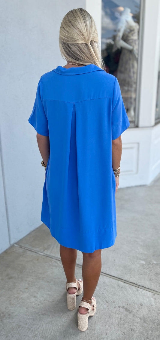 Cobalt Blue Collard Mini Dress With Pocket