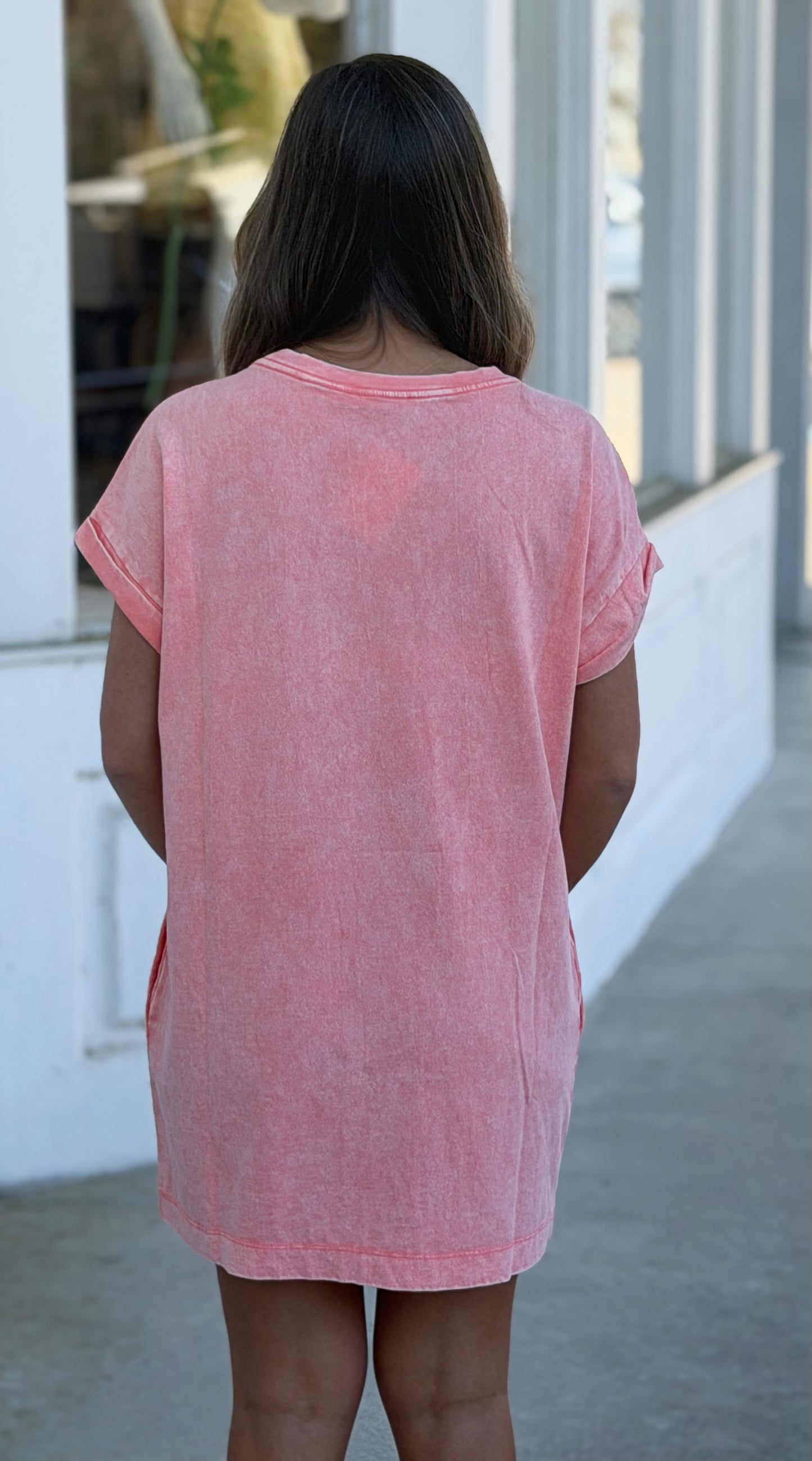 Cotton Washed T Shirt Dress, Coral