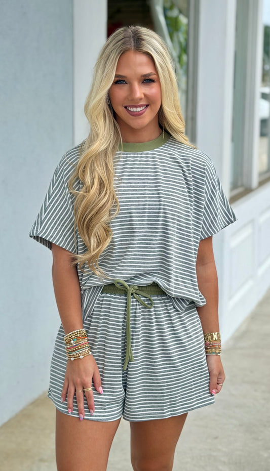 Loose Fit Stripe Knit Top & Short SET, H Grey/Soft Olive