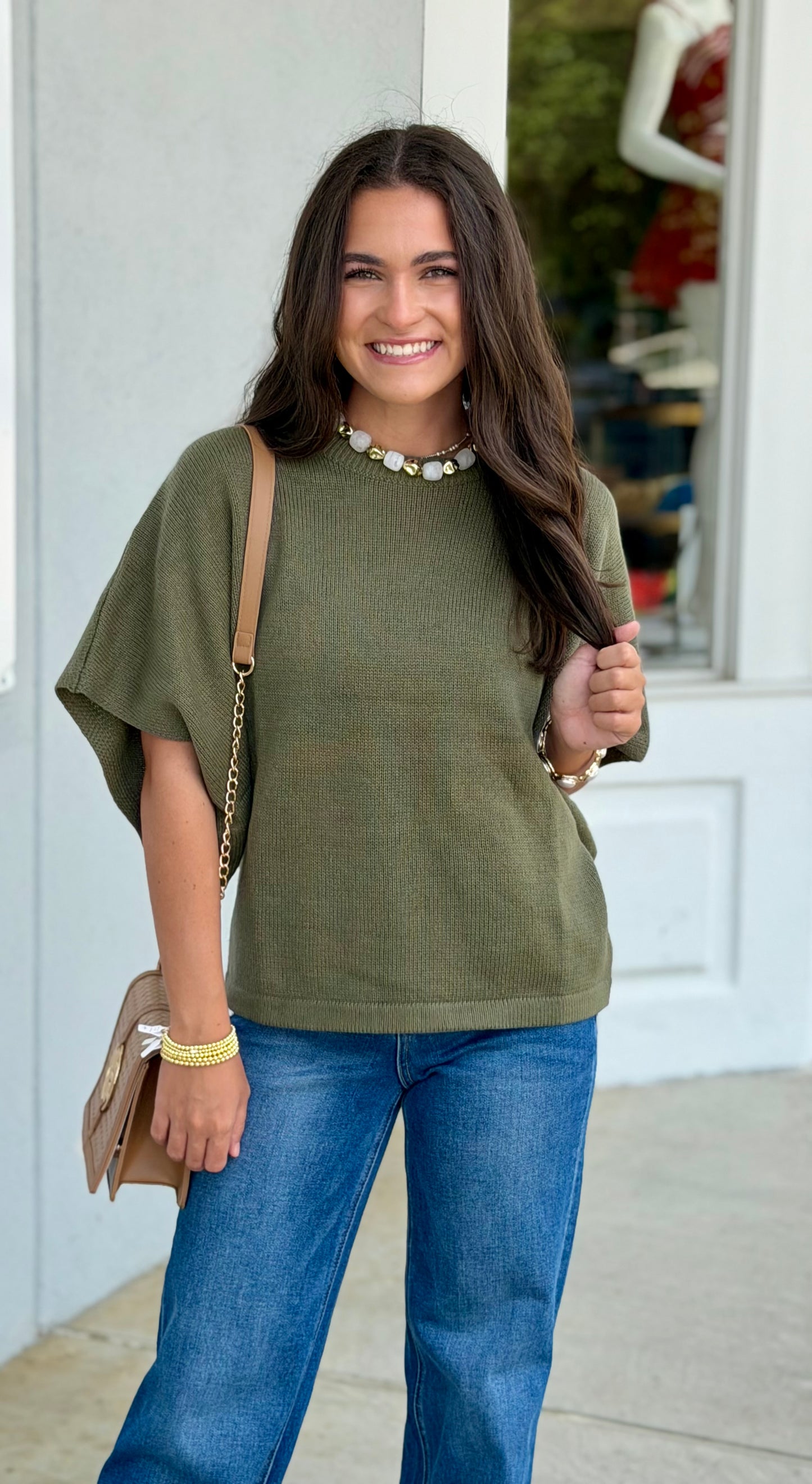 Oversized Round Neck Sweater Top, Olive