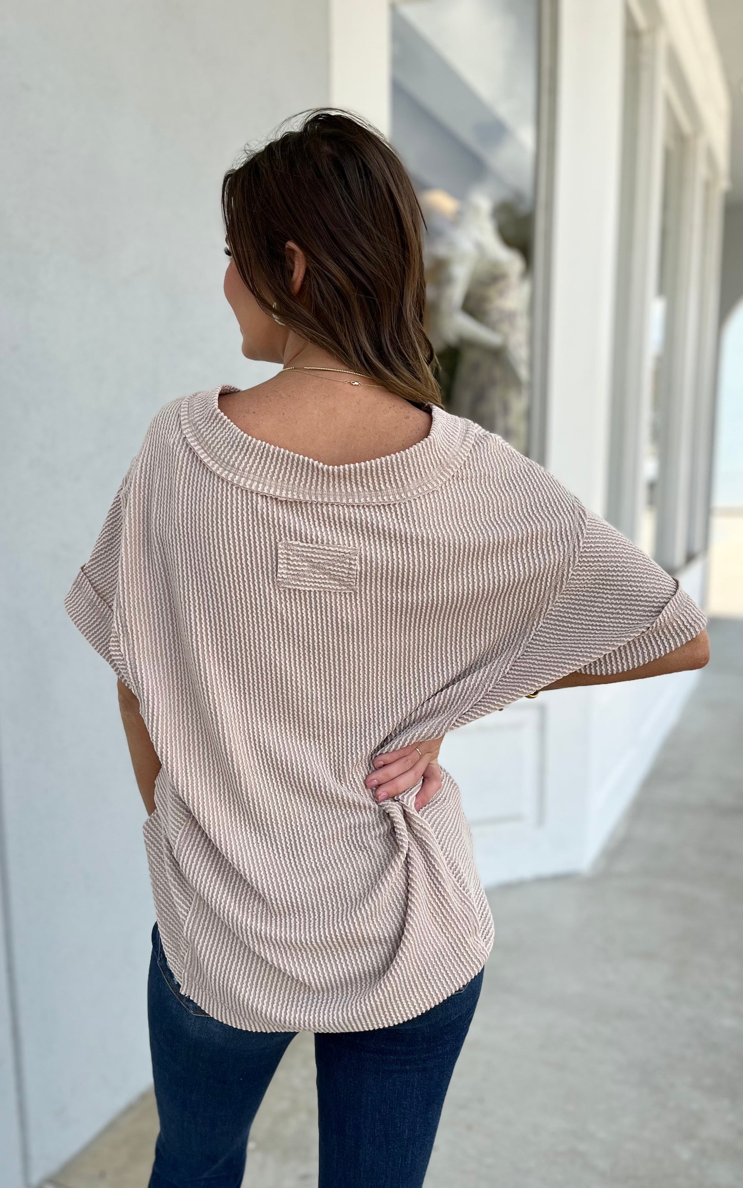 Ribbed Knit V Neck Top , Oat
