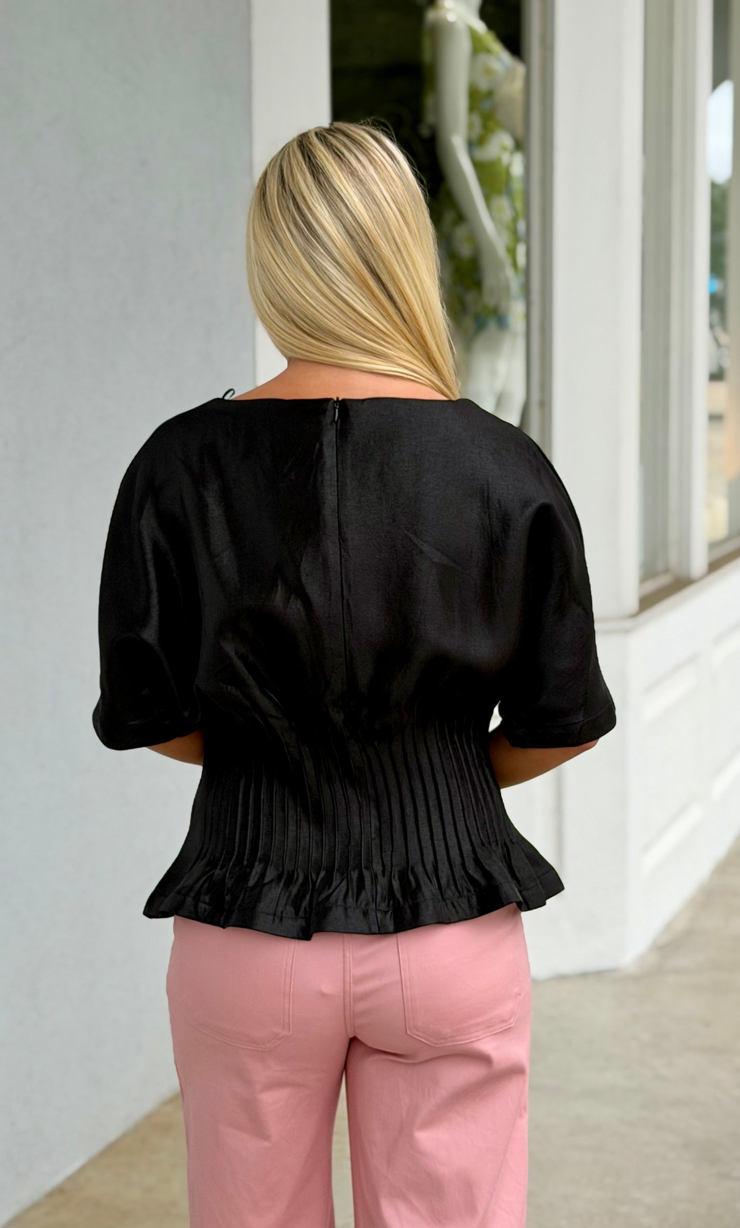 Boat Neck Pleated Top, Black