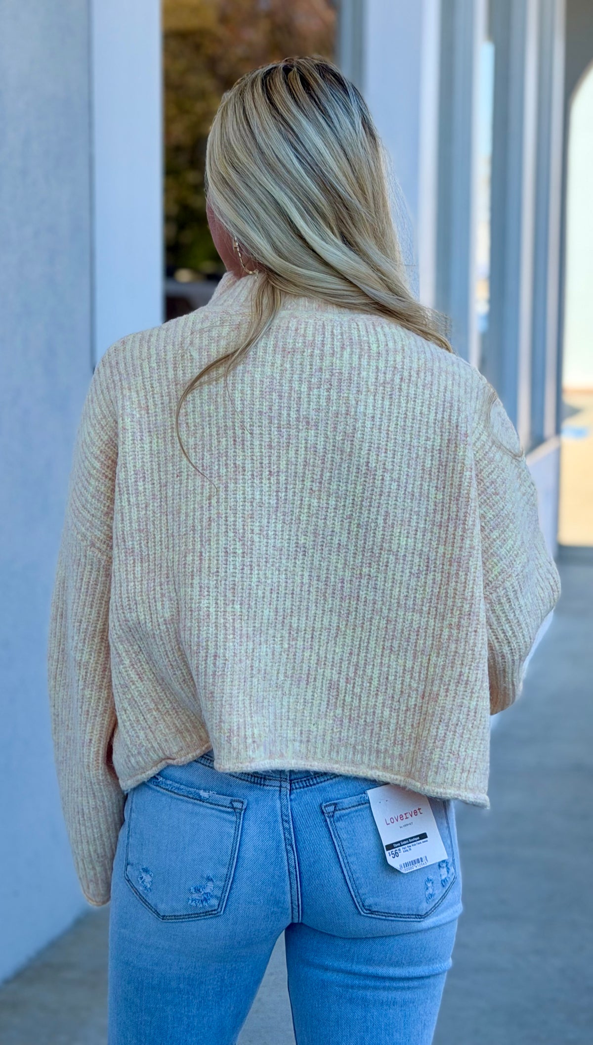 Peach Ribbed Stand Collar Knit Sweater