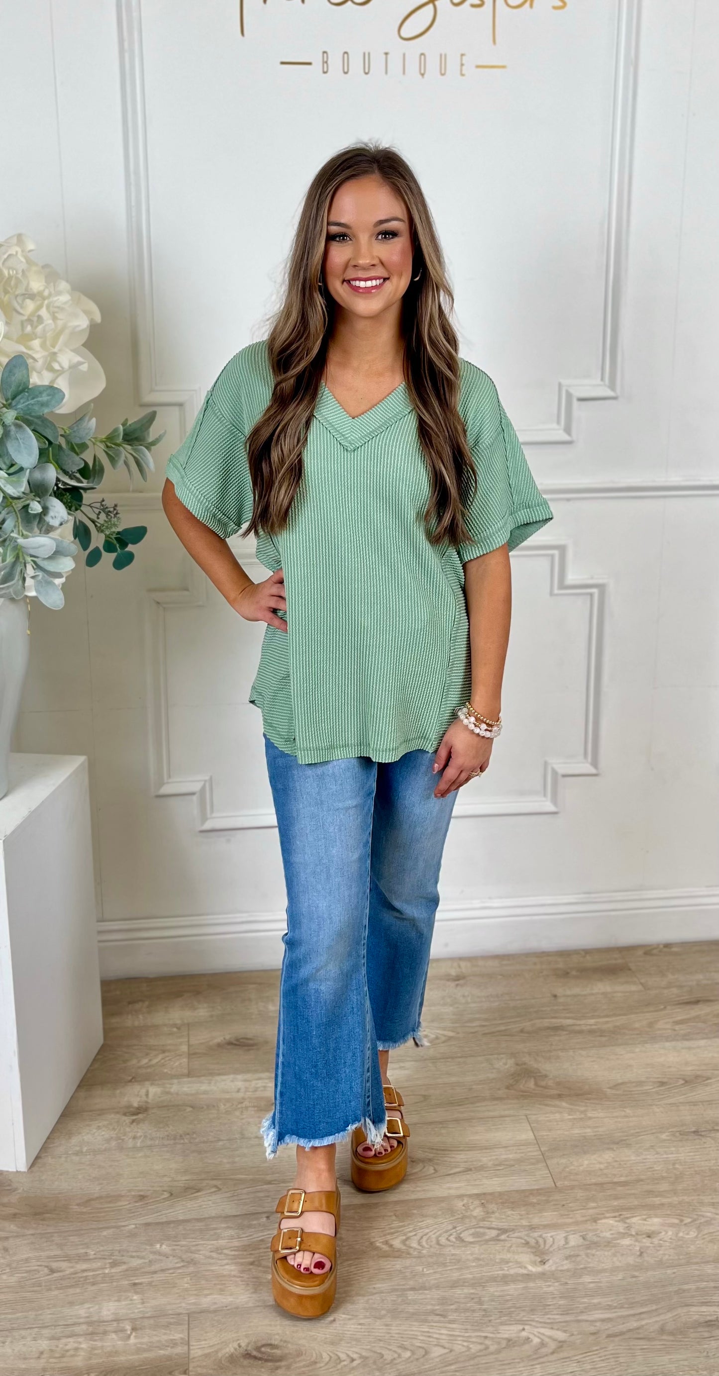 Ribbed V Neck Knit Tee, Sage