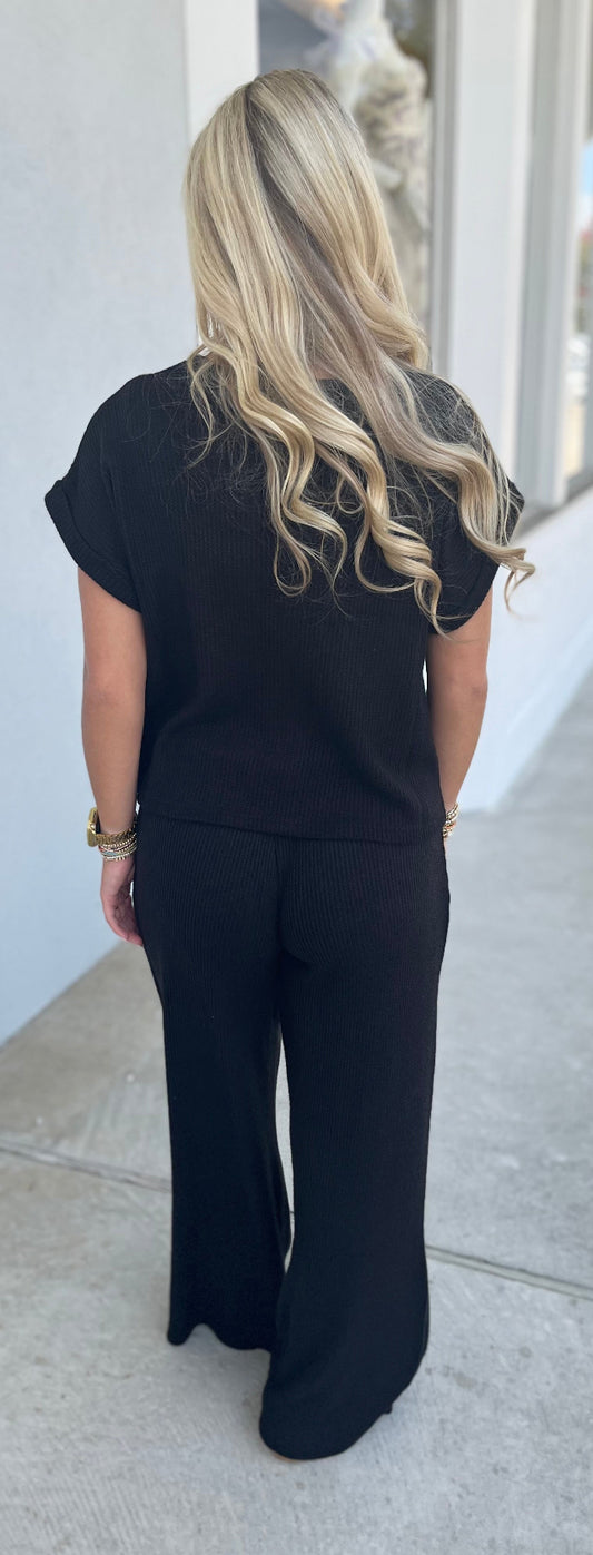 Sweater Rolled Sleeve Top & Pants SET, Black