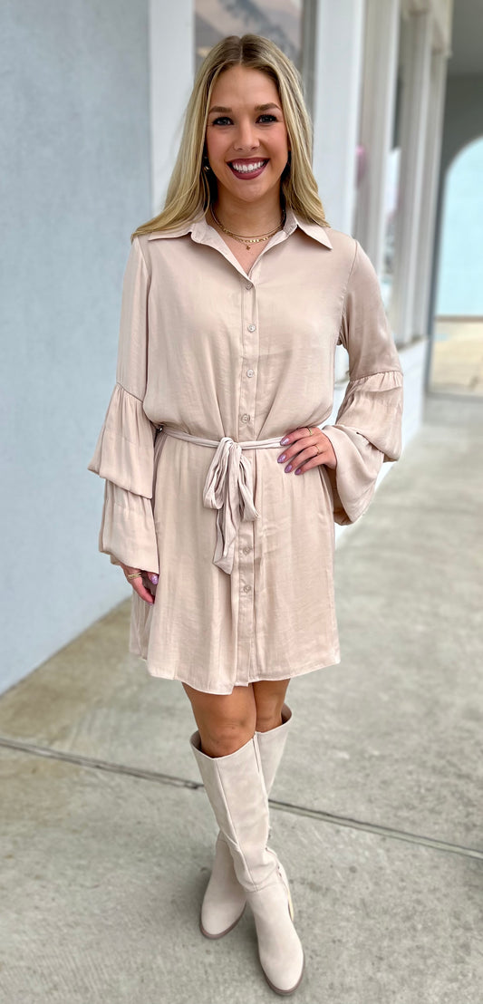 Papyrus Mini Shirt Dress With Tiered Bell Sleeves