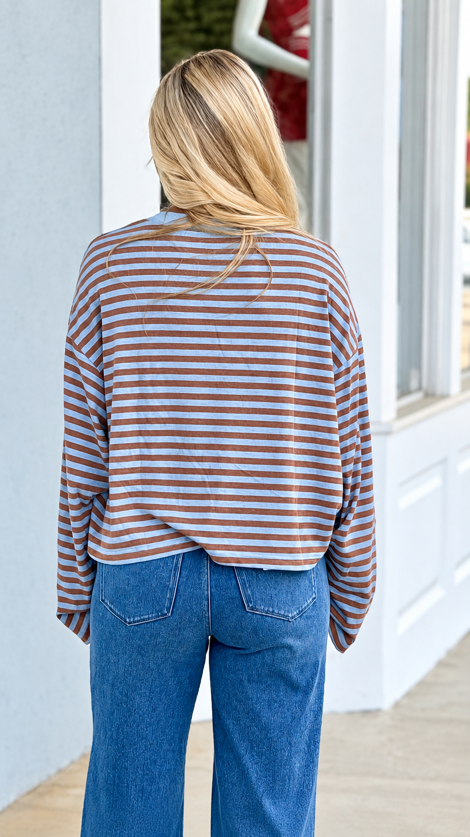 Striped Knit Long Sleeve Top, Blue/Brown