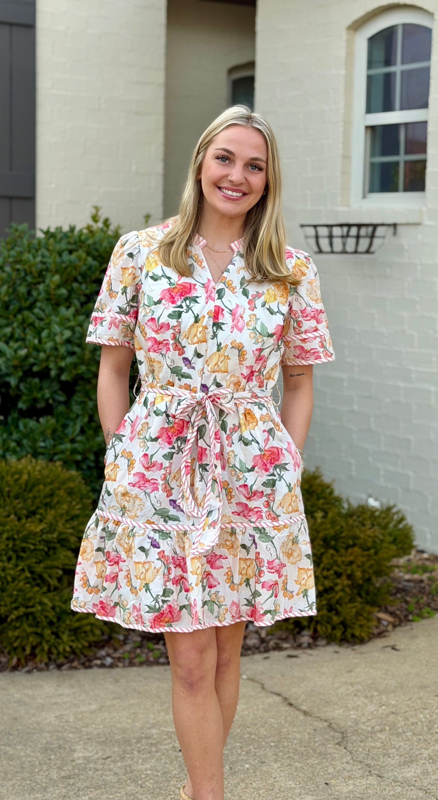Cream Printed V Neck With Waist Tie Mini Dress