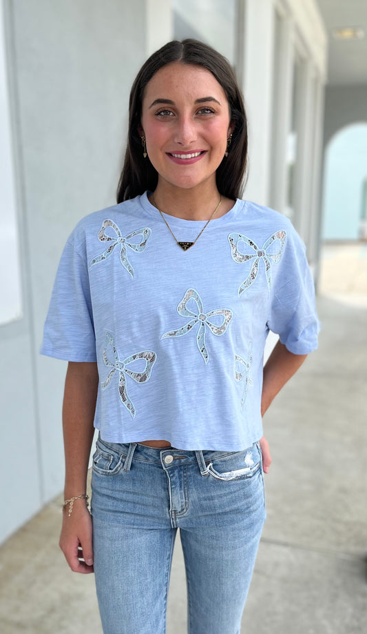 Bow Lace Cropped Short Slv Top