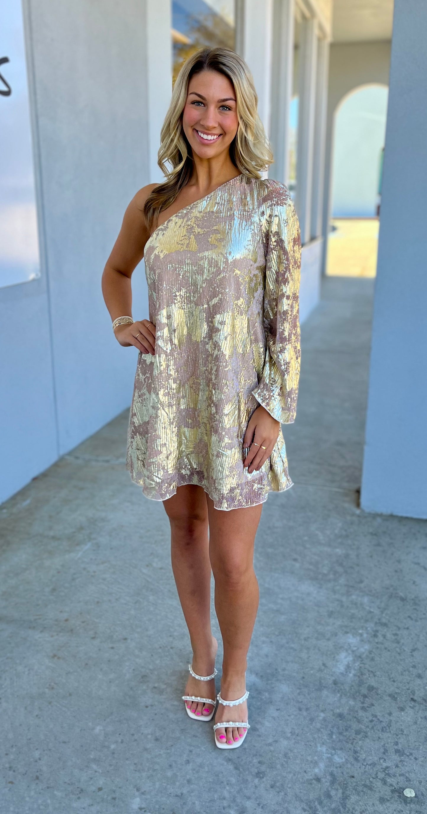 Taupe Gold Foil Print One Shoulder Dress