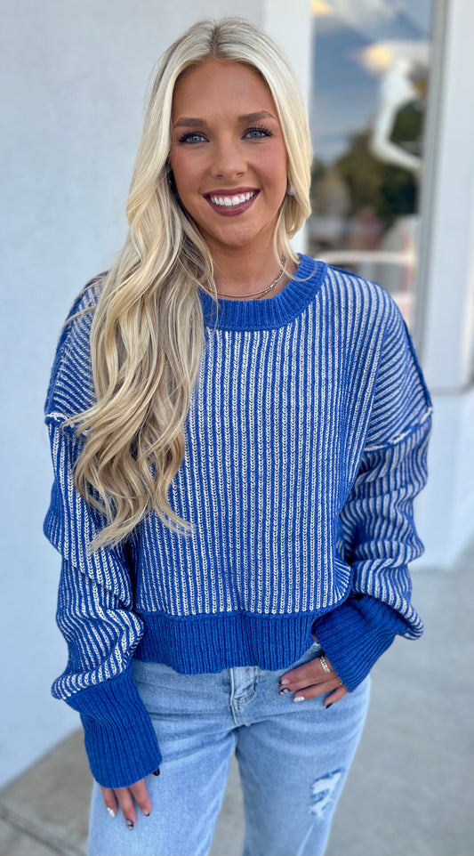 Two Tone Striped Sweater, Royal Blue