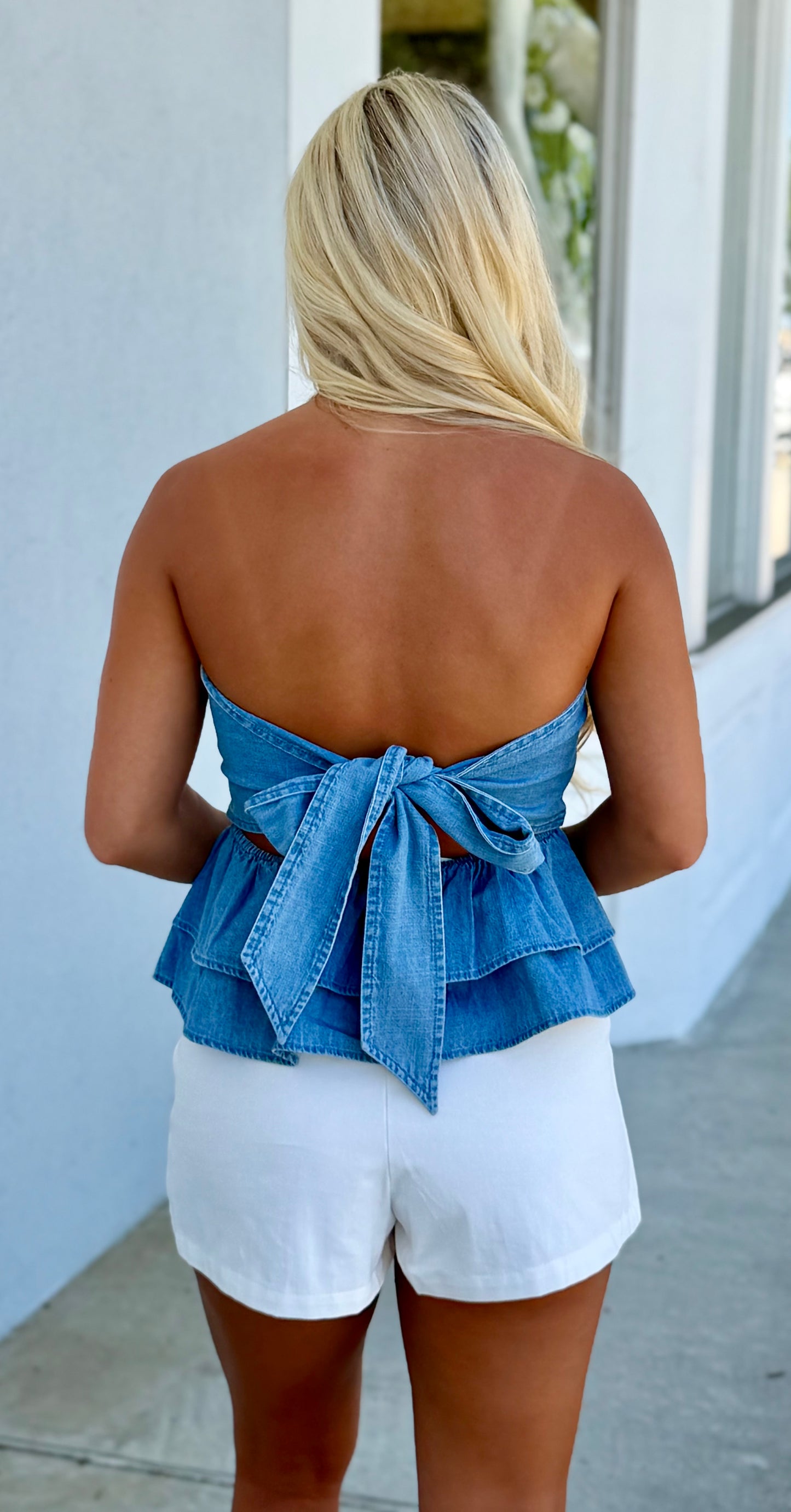 Denim Peplum Back Tie Front Top