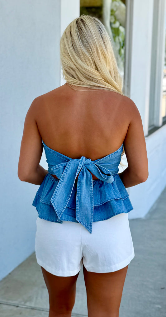 Denim Peplum Back Tie Front Top