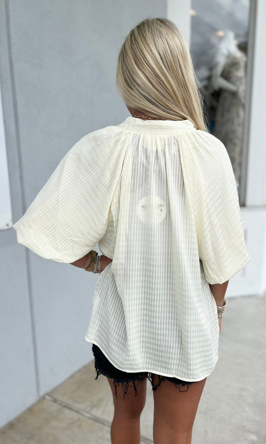 Striped Silky Jacquard Blouse , Ecru