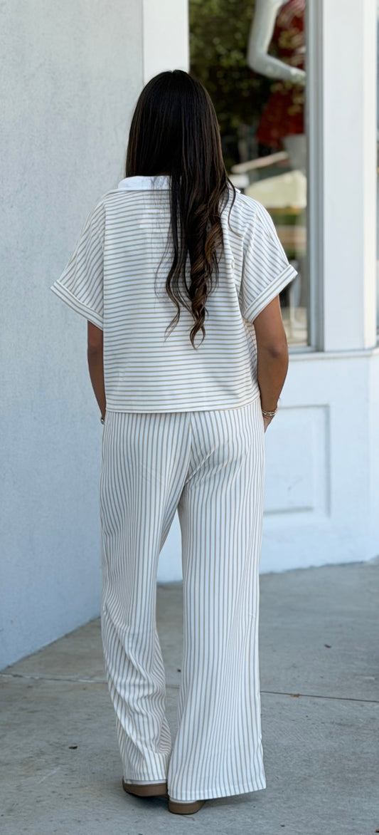 Striped Split Neck Collared Top & Pants SET, Taupe