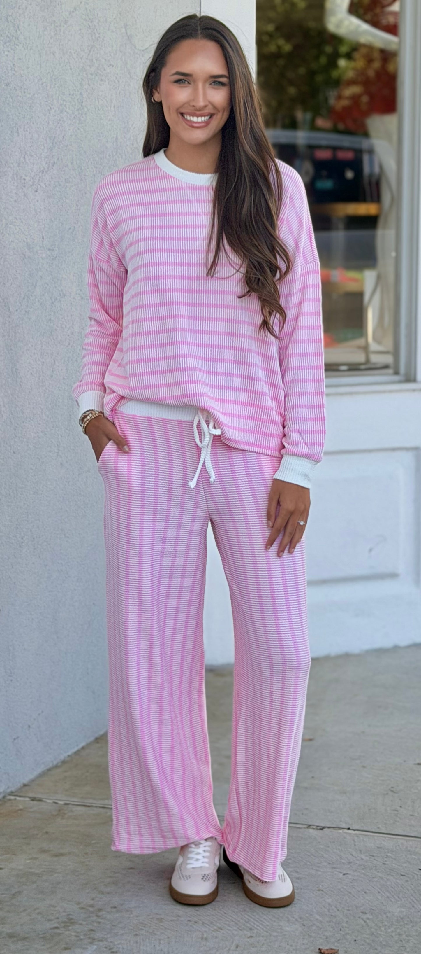 Raised Rib Striped Pullover & Pants SET, Lt Pink