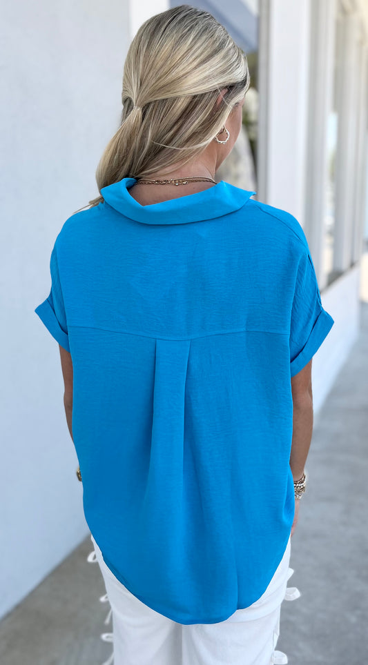 Collared Woven Top , Diva Blue