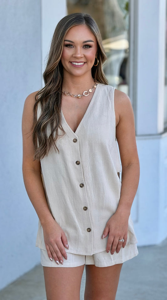 Natural Button Up Tank Top and Short SET