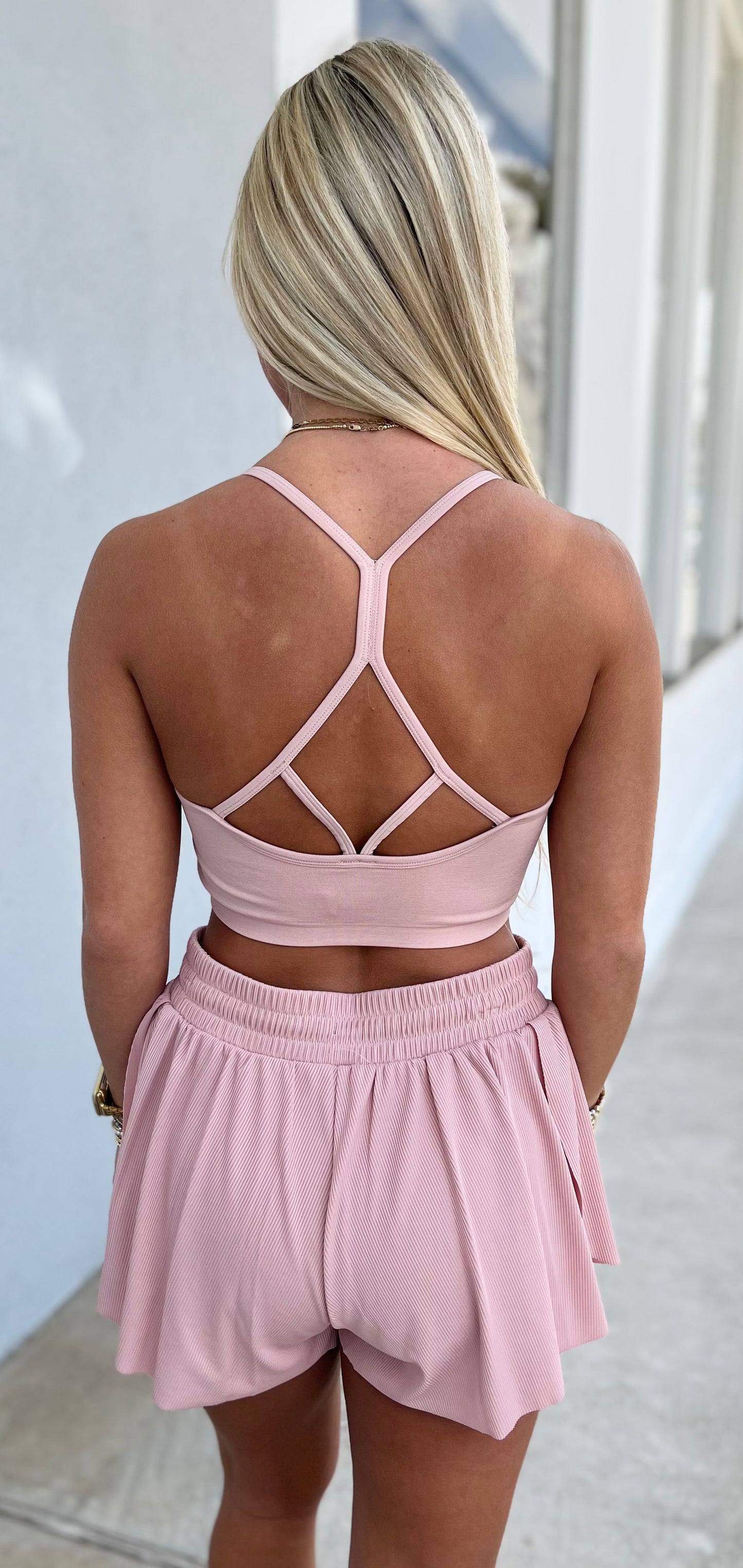Seamless Strappy Back Bra and Running Shorts SET, Blush Silk