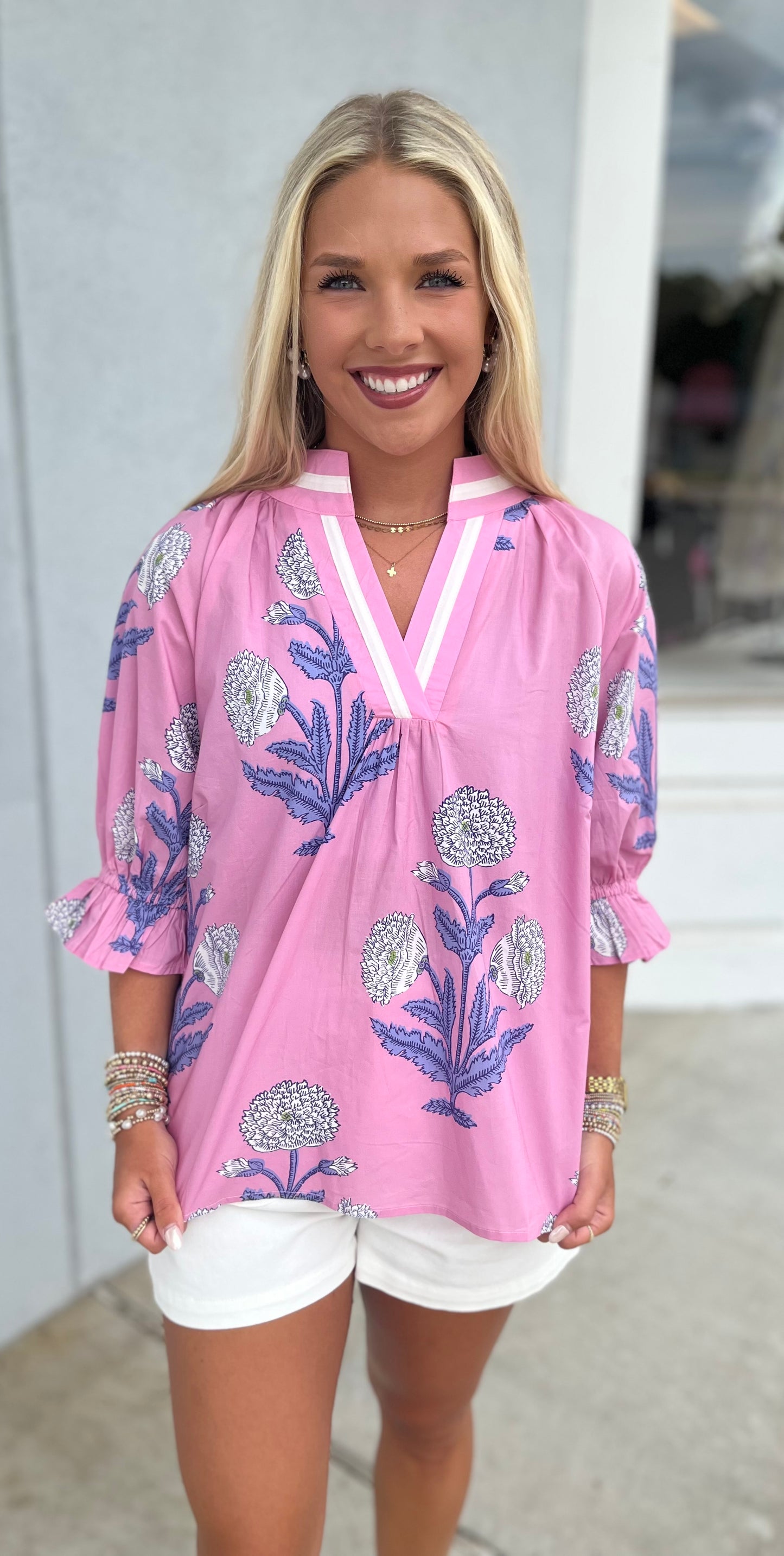 Pink Floral Poplin Puff Sleeve Blouse
