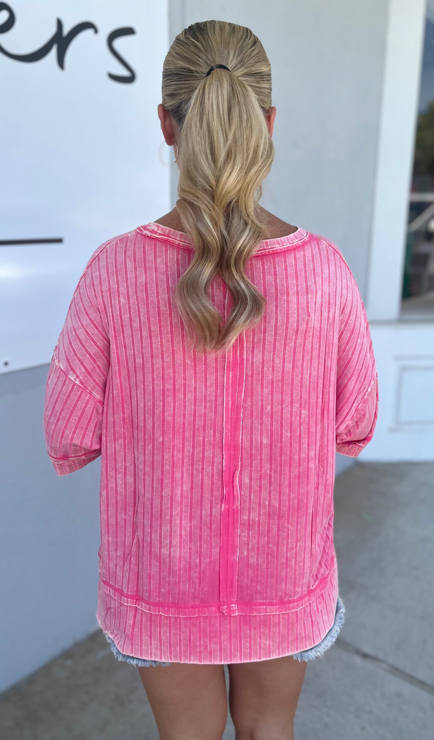 Fuchsia Ribbed Half Sleeve Boat Neck Top