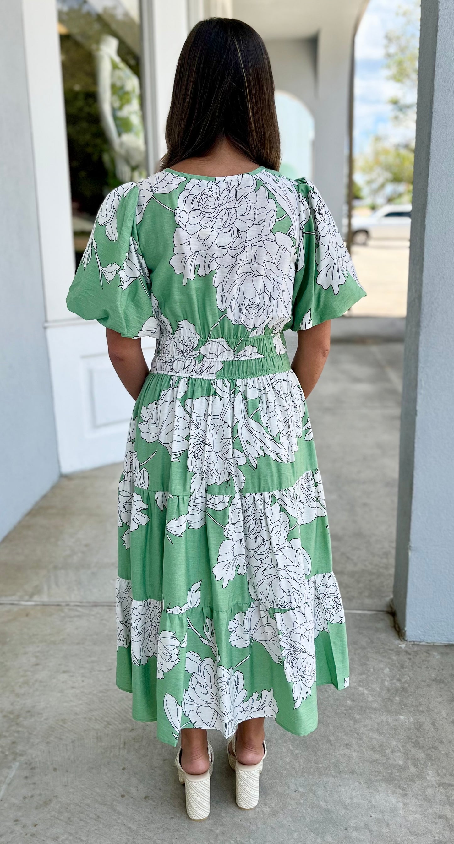 Sage Short Bubble Sleeve V Neck Tiered Midi Dress