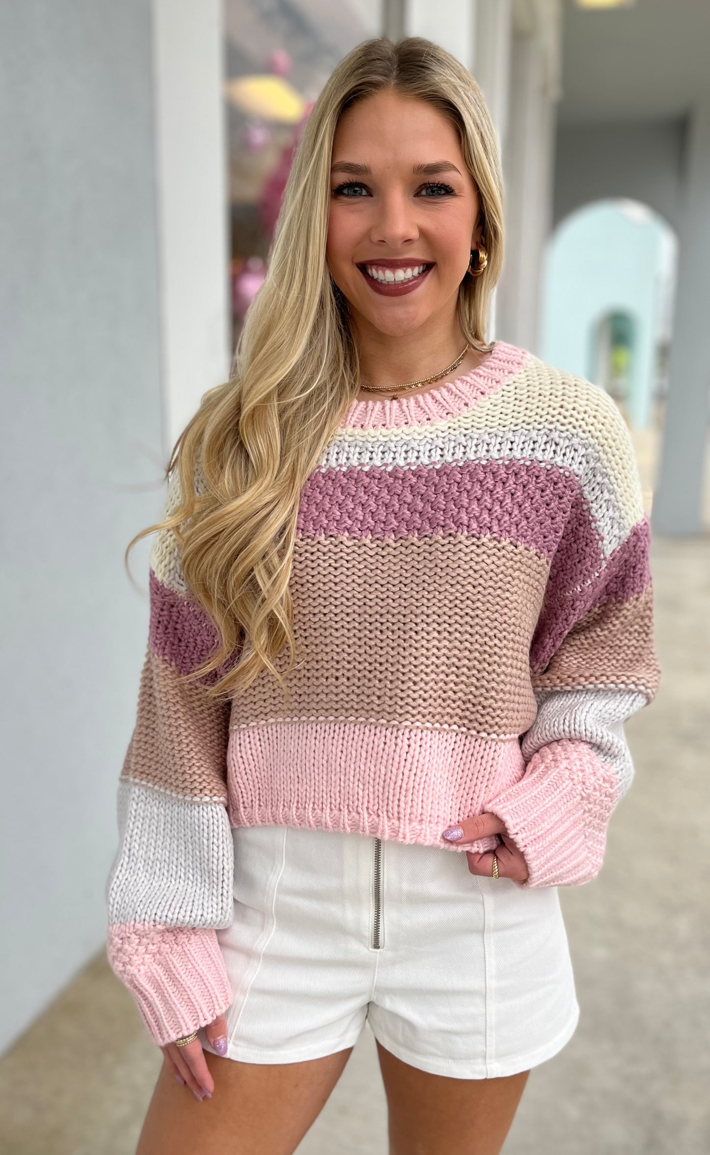 Lt Pink Round Neck Crop Sweater