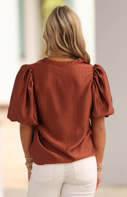 Brown V Neck Puff Sleeve Top