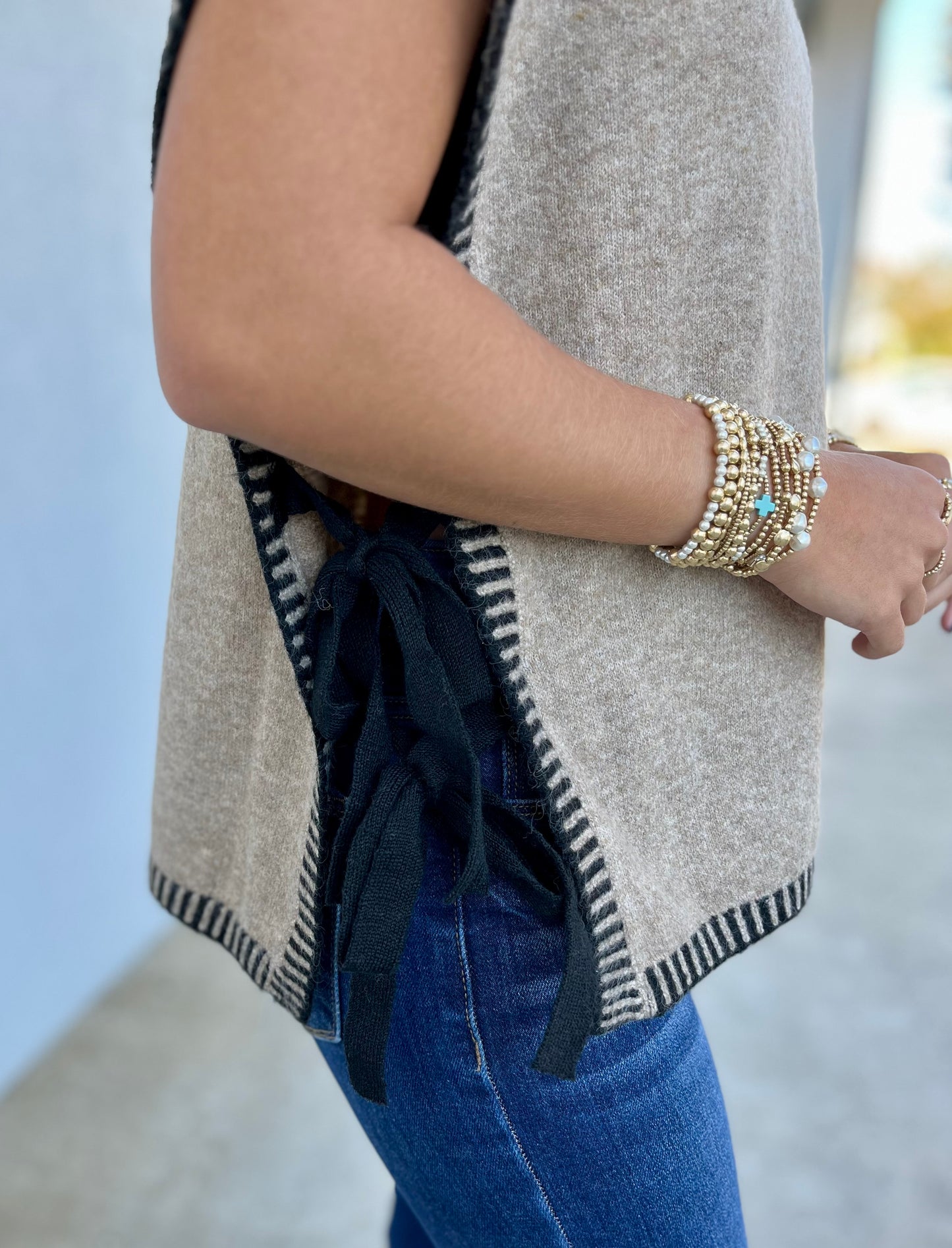 Side Tie Knit Sweater Vest, Mocha
