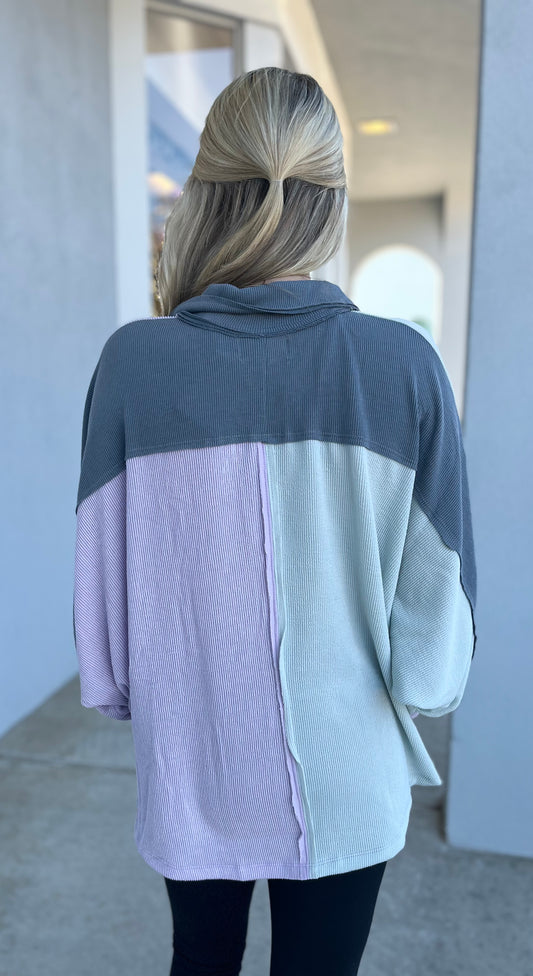 Sage/Lavender Colorblock Ribbed Button Top