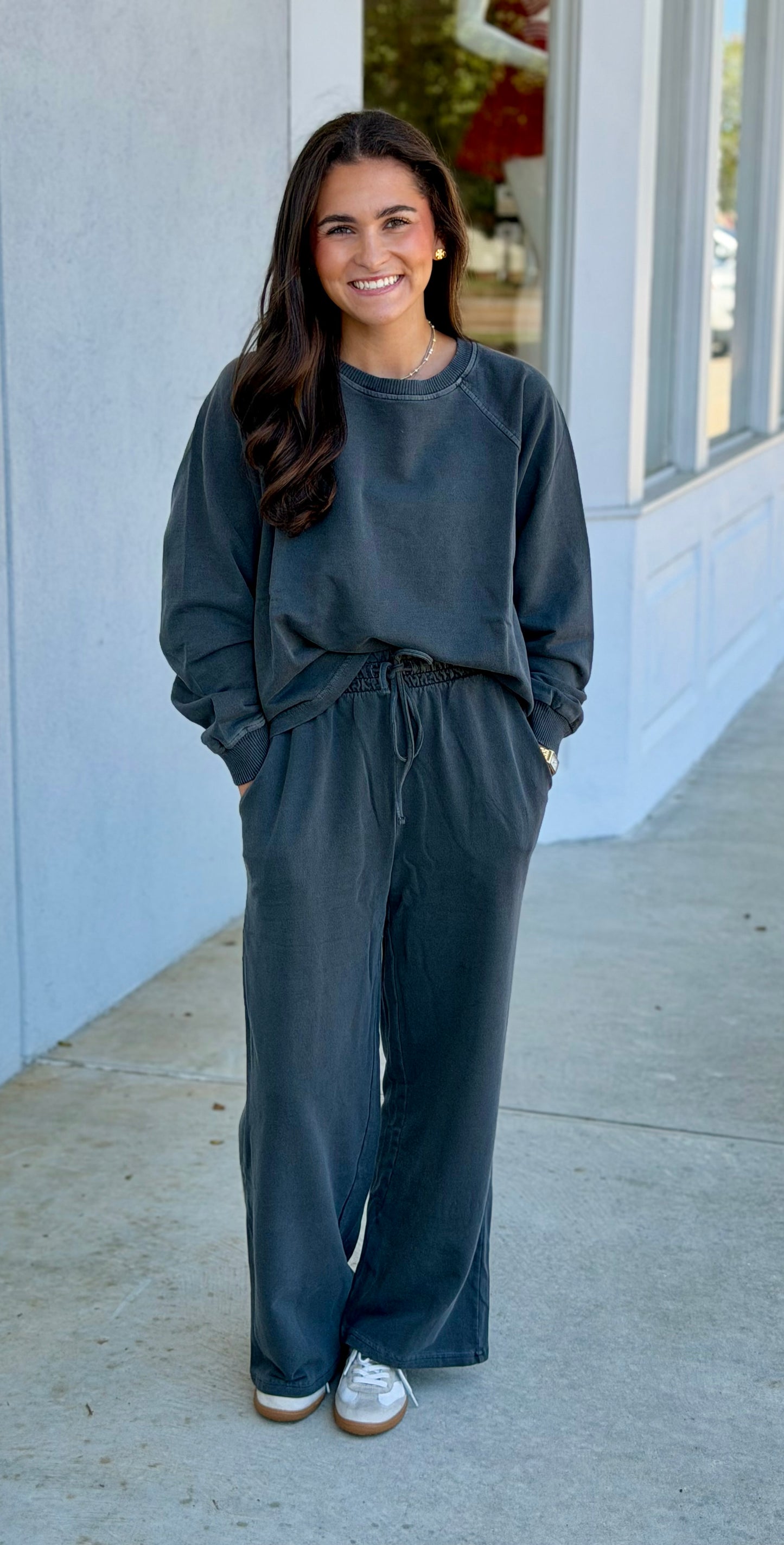 Washed F/Terry Round Neck Pullover & Pants SET, Black