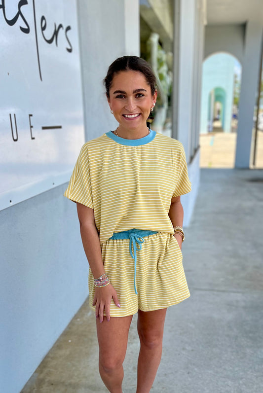 Butter/Sky Loose Fit Stripe Knit Top & Short SET