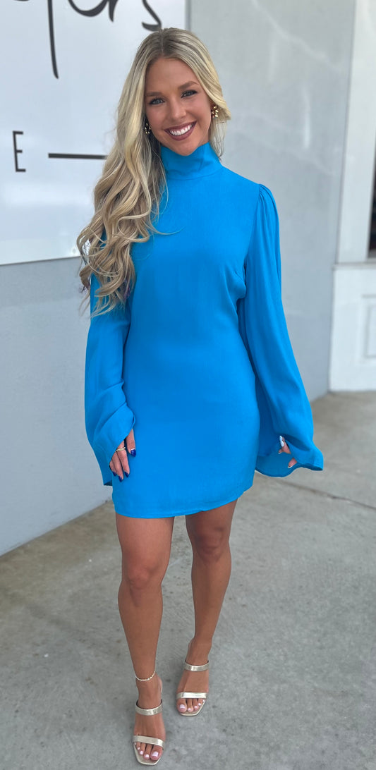 Blue Flare Sleeve Mini Dress