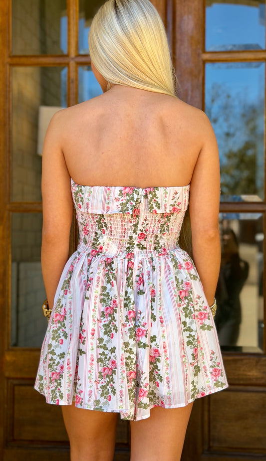 Rose Floral Printed Back Smocked Tube Top Romper