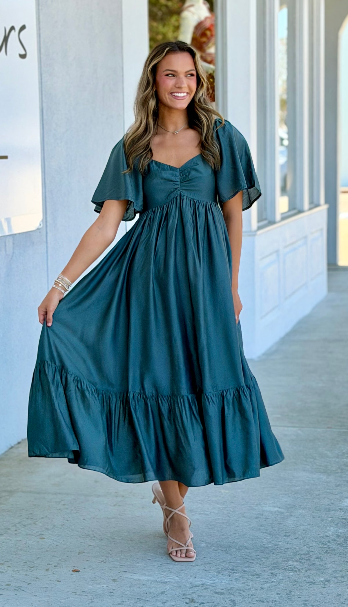 Emerald Green Flutter Sleeve Smocked Midi Dress