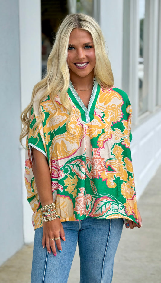 Green Abstract Print Top