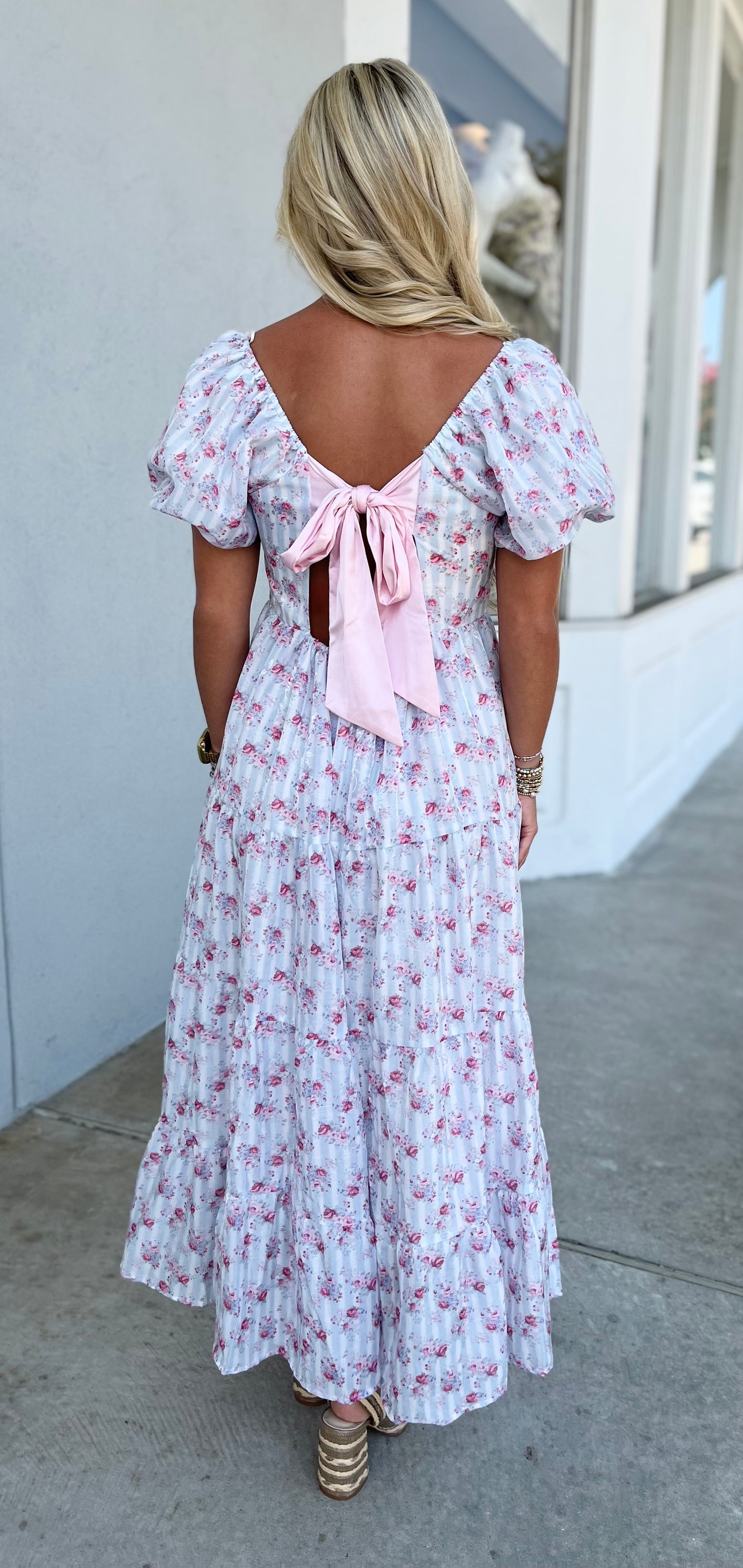 Lt Blue Floral Printed Bubble Sleeve Tie Back Midi Dress
