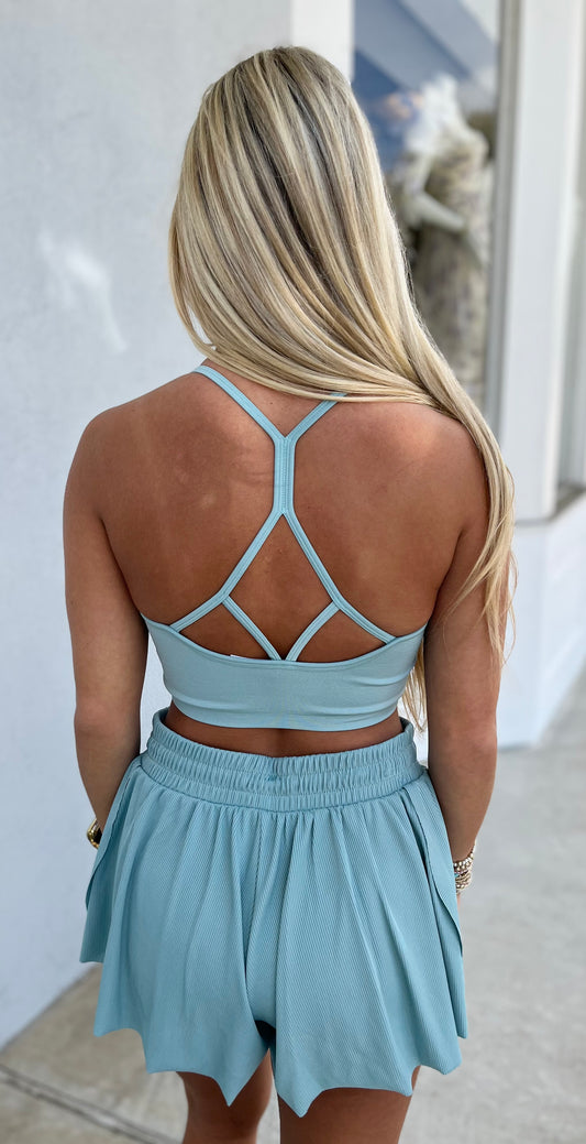 Seamless Strappy Back Bra and Running Shorts SET, Aquifer