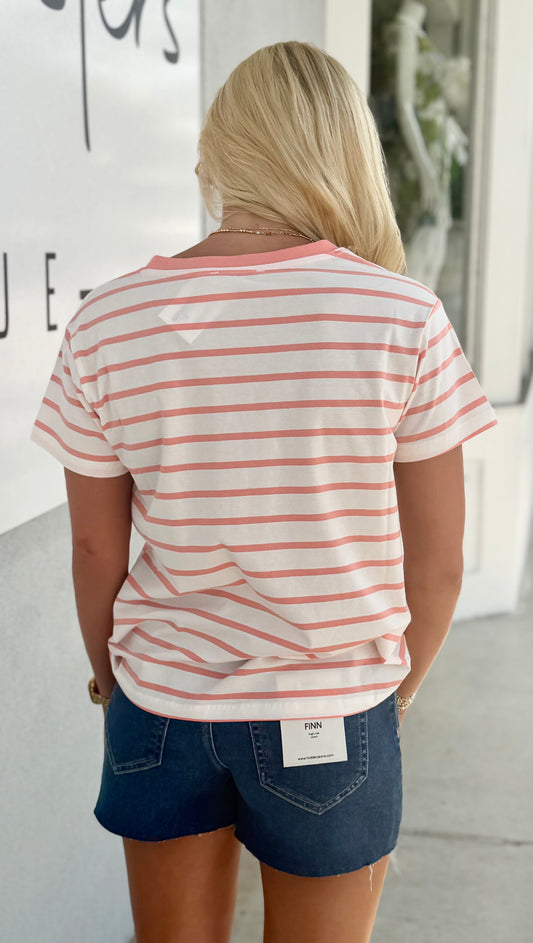 Striped V Neck Tee , Coral