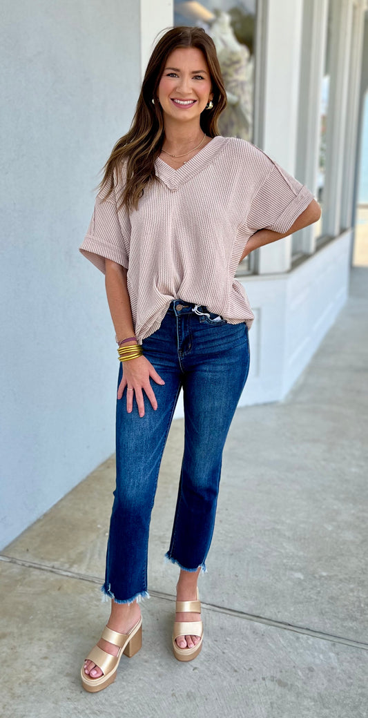 Ribbed Knit V Neck Top , Oat