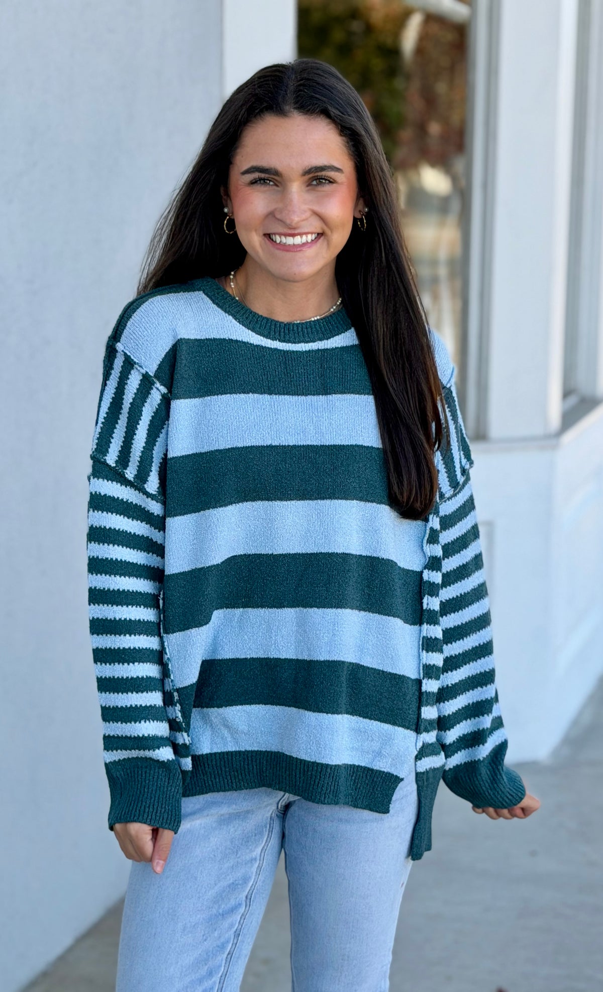 Teal Stripe Knit Seam Sweater