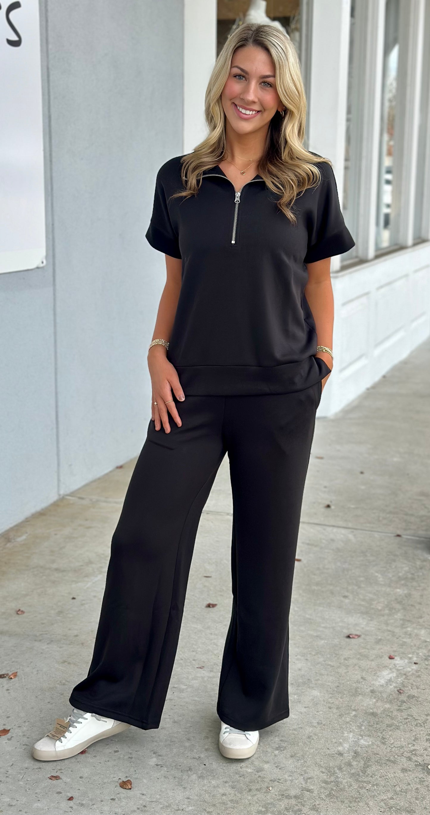 Scuba Half Zip SS Top & Pants Set, Black