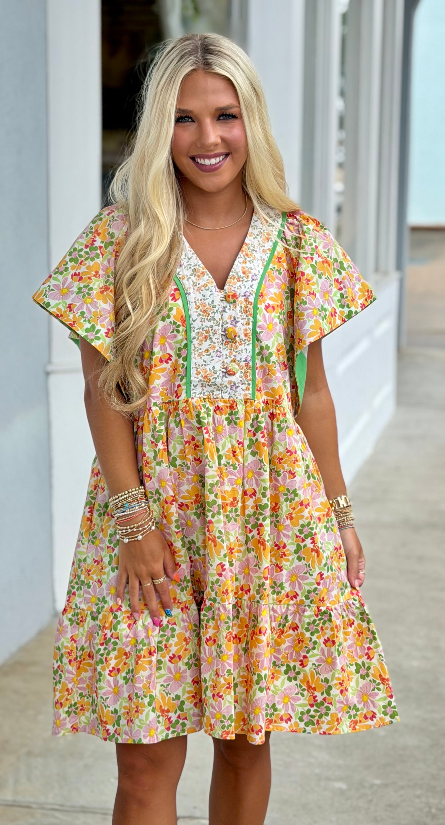Green Mix Floral Tiered Dress