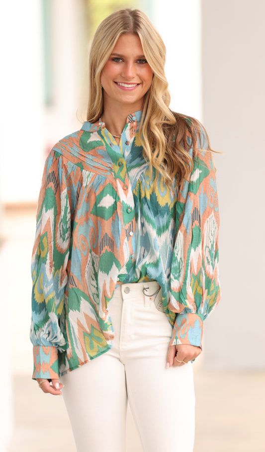 Juniper Green Printed Bubble Sleeve Blouse